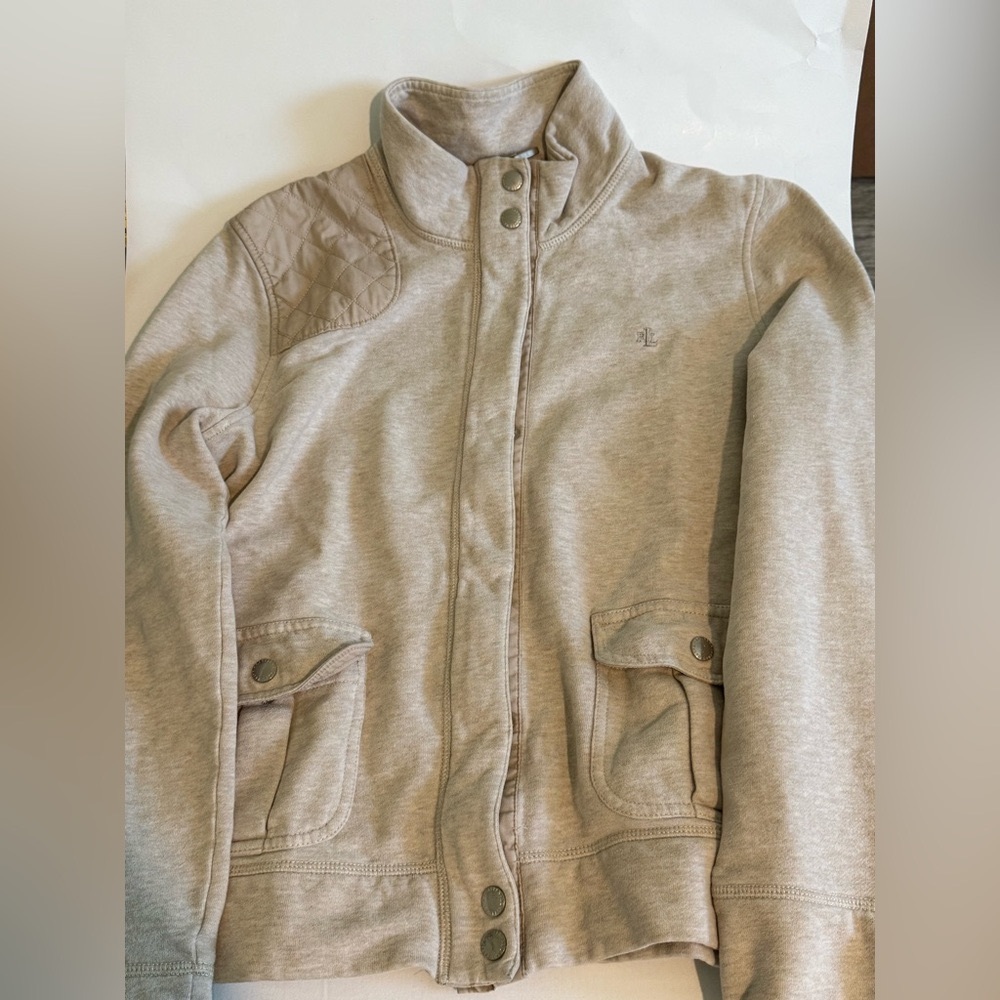 Ralph Lauren Tan Puffer Jacket Tan Mock Neck Full-Zip Snap Button Western.